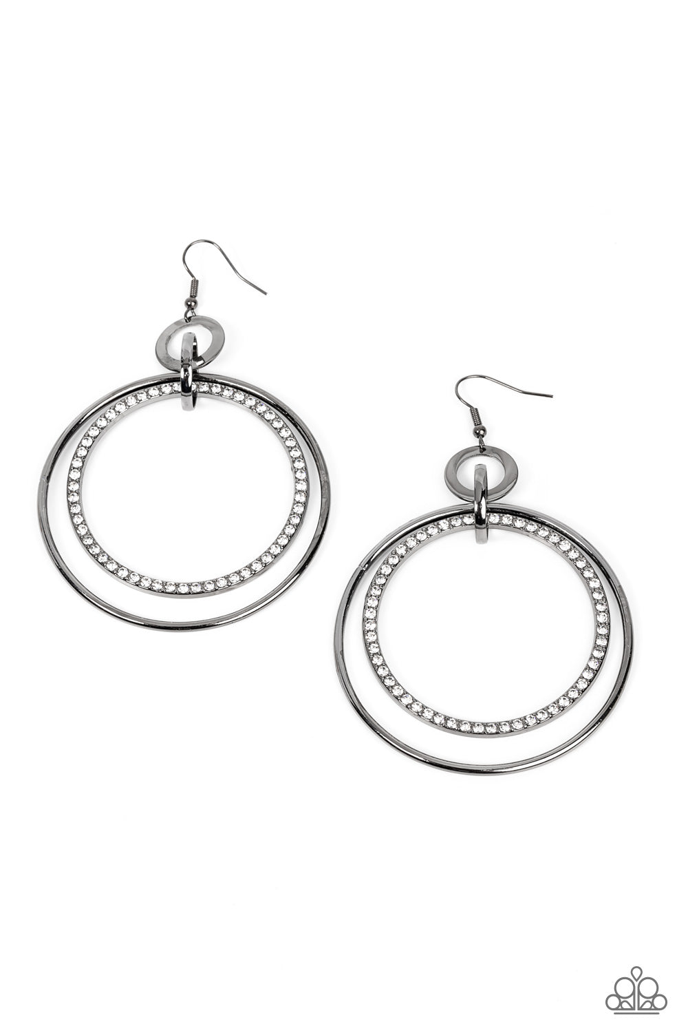 Haute Hysteria - Black Metal Fashion Earrings - Paparazzi Accessories - A white rhinestone encrusted gunmetal ring and glistening gunmetal hoop swings from the bottom of mismatched gunmetal rings, rippling into a dizzying and dazzling oversized hoop fashion earrings.