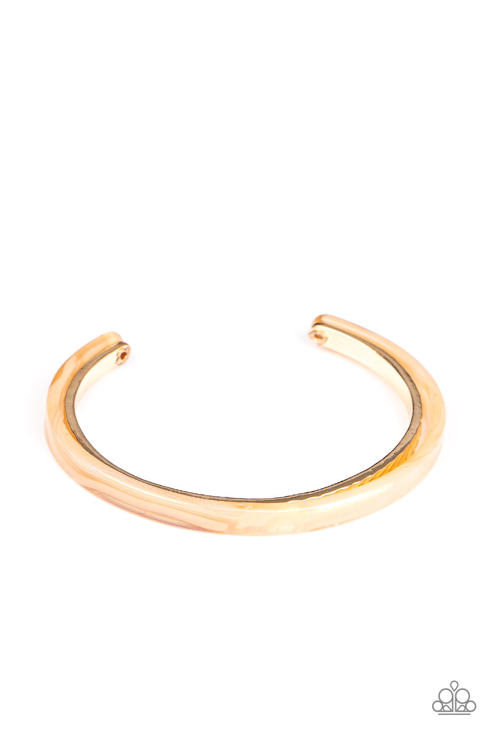 HAUTE On The Trail - Gold Acrylic Cuff Bracelet - Paparazzi Accessories - Featuring a marble-like finish, a golden acrylic frame curls around a dainty gold cuff, creating a colorfully stacked look across the wrist. Sold as one individual bracelet.