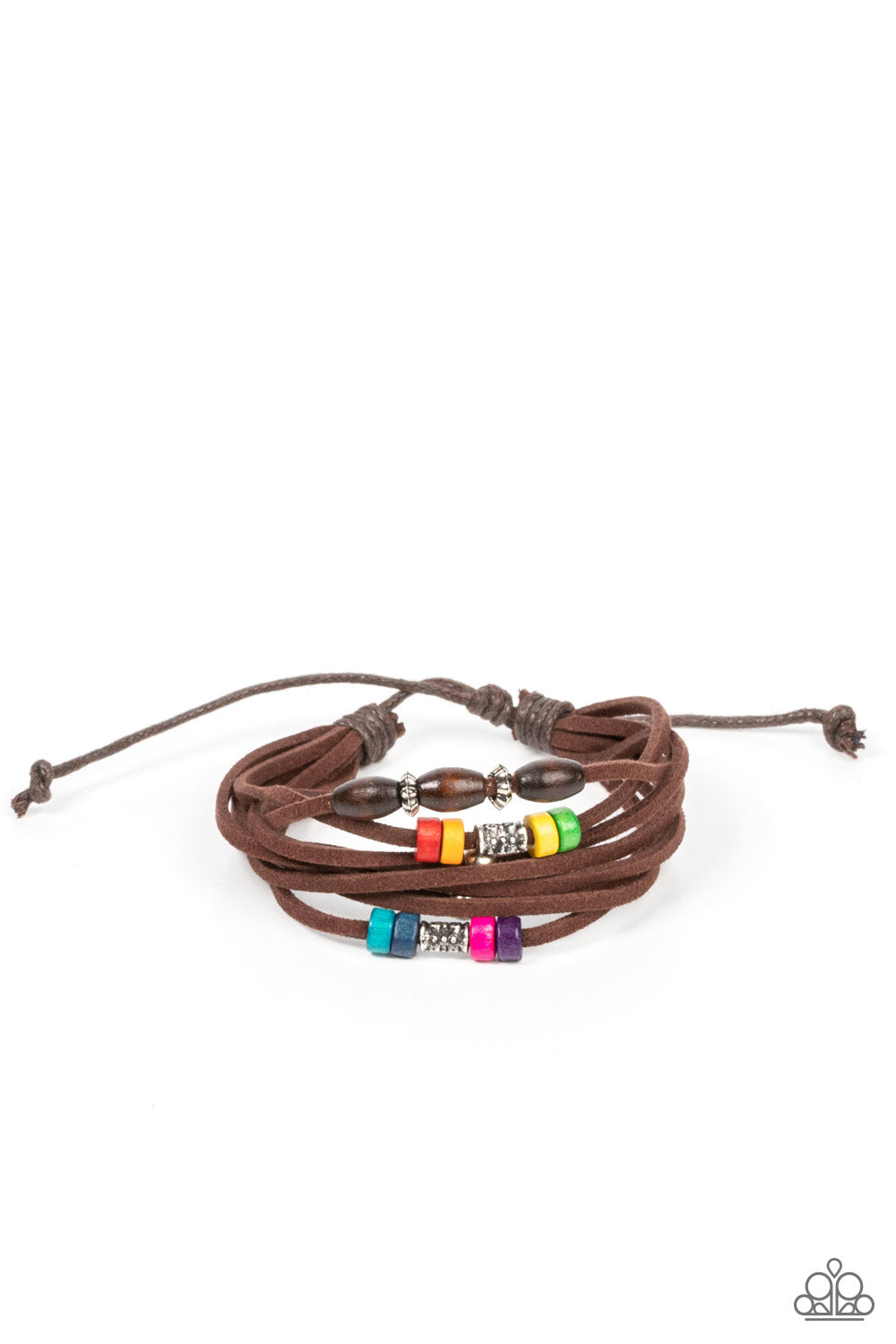 Have a WANDER-ful Day - Multi Color - Brown Suede Bracelet - Paparazzi Accessories - An earthy assortment of silver beads, textured silver accents, and multicolored wooden beads glides along layered strands of rustic brown suede, resulting in a whimsically layered centerpiece. Features an adjustable sliding knot closure. 
