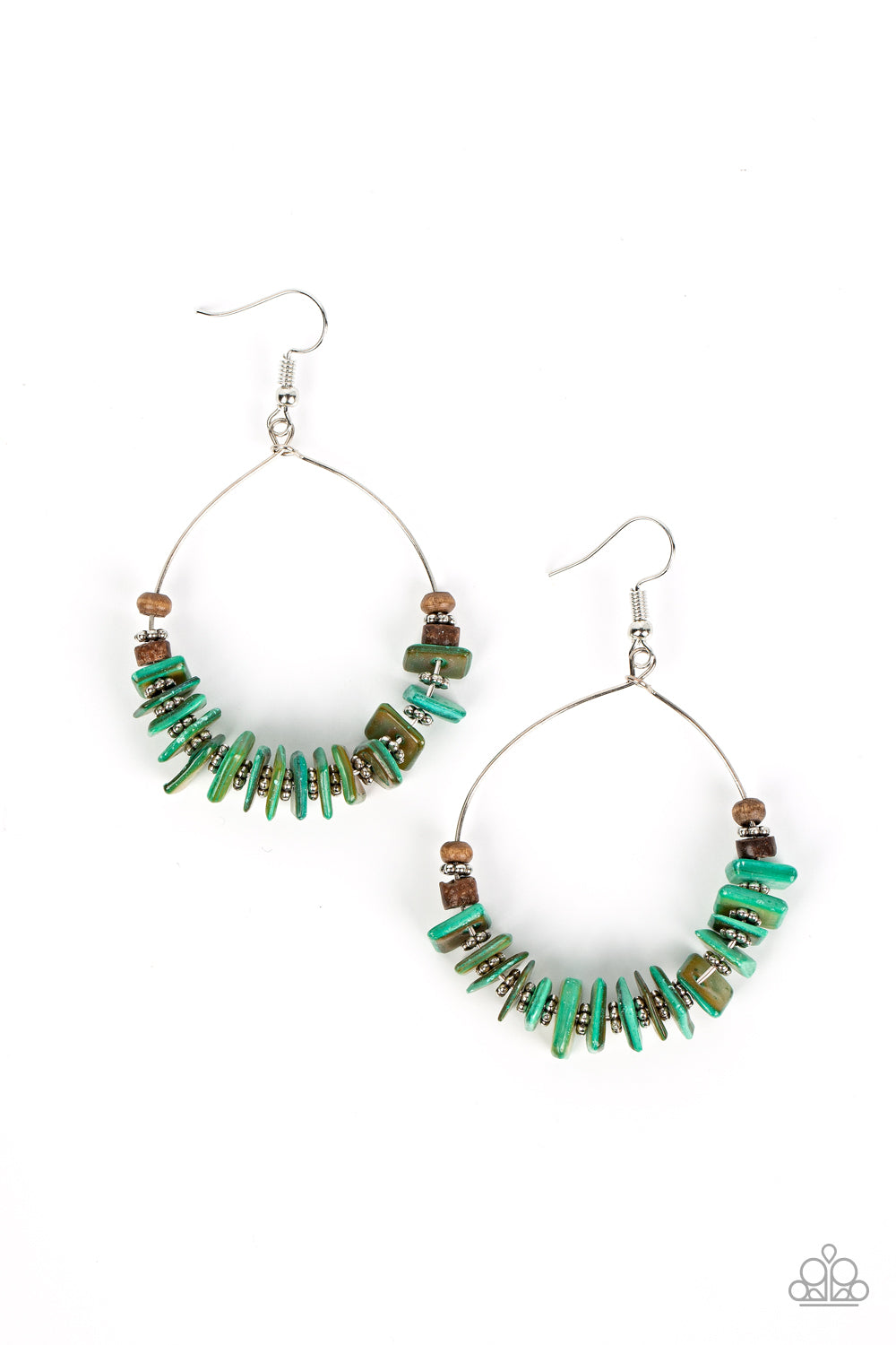 Hawaiian Kiss - Green and Silver Earrings - Paparazzi Accessories - Infused with earthy wooden accents, studded silver rings and pieces of green shell-like pebbles alternate along a dainty wire hoop for a tropical inspiration. Earring attaches to a standard fishhook fitting. Sold as one pair of earrings.