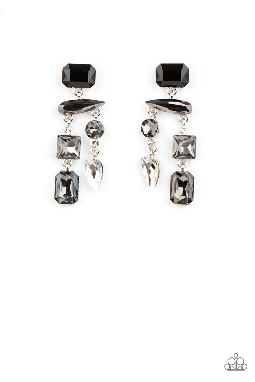 ​Hazard Pay - Silver - Black - Smoky Gem Earrings - Paparazzi Accessories - 

Varying in shape, a smoldering collection of black, smoky, and white gems haphazardly link into a edgy chandelier. Earring attaches to a standard post fitting.
Sold as one pair of post earrings.
