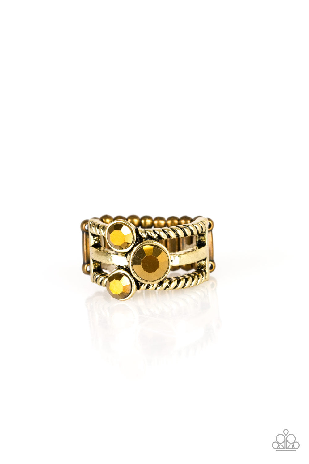 Head In The Stars - Brass Ring - Paparazzi Accessories - A trio of glittery aurum rhinestones are sprinkled along smooth and twisted brass bands, creating edgy layers across the finger. Features a stretchy band for a flexible fit. Sold as one individual ring.
