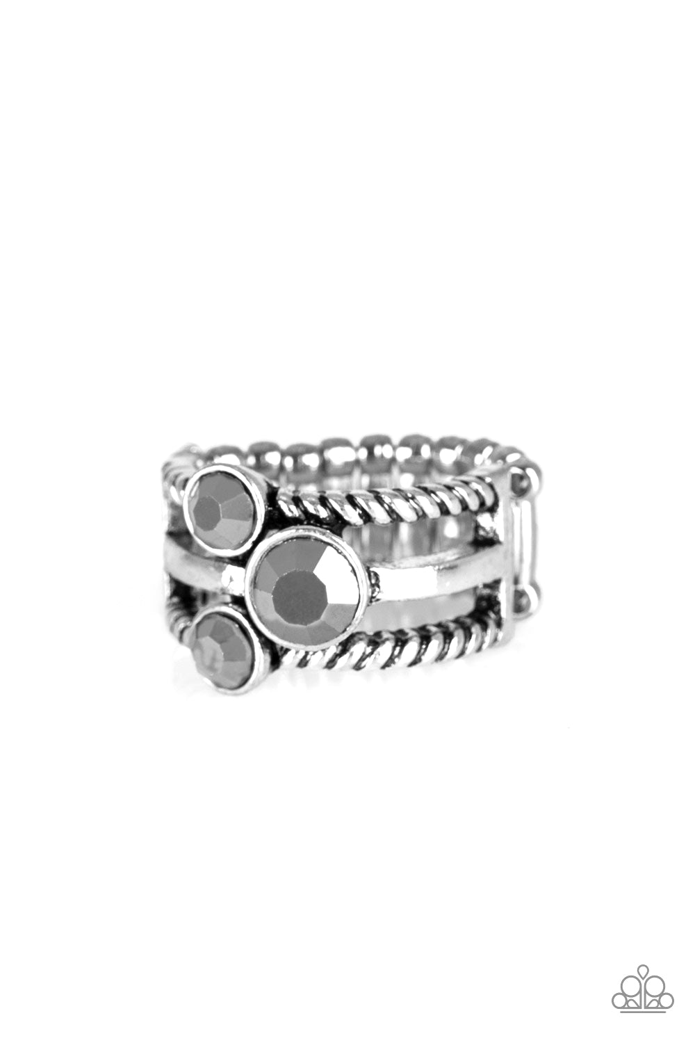 Head In The Stars - Silver - Hematite Ring - Paparazzi Accessories - A trio of glittery hematite rhinestones are sprinkled along smooth and twisted silver bands, creating edgy layers across the finger. Features a stretchy band for a flexible fit. Sold as one individual ring.