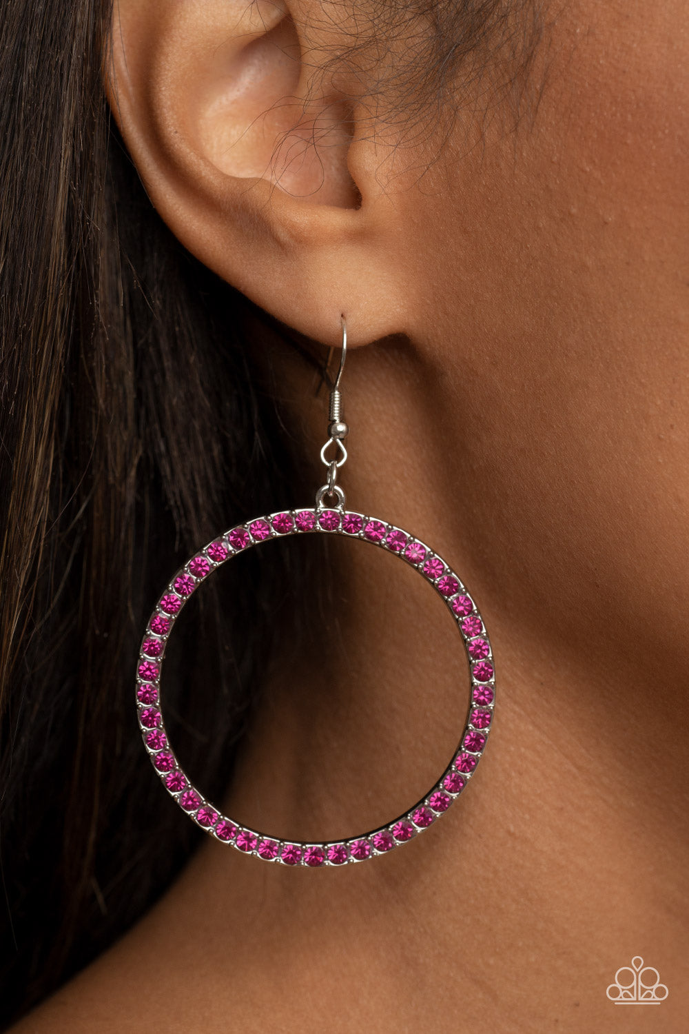 Head-Turning Halo - Fuchsia Pink and Silver Rhinestone Earrings - Paparazzi Accessories - The front of an oversized silver ring is encrusted in glitzy Fuchsia Fedora rhinestones, resulting in a head-turning hoop. Earring attaches to a standard fishhook fitting.