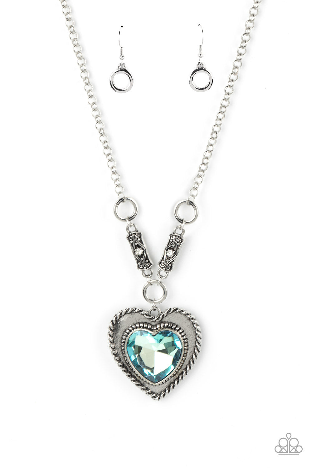 Heart Full of Fabulous - Blue Gem - Silver Necklace - Paparazzi Accessories - An oversized blue heart gem is pressed into a silver heart frame below the collar. The flirtatious pendant attaches to silver rings and decorative silver frames dotted in white rhinestones, resulting in a dash of vintage inspired romance. Features an adjustable clasp closure.