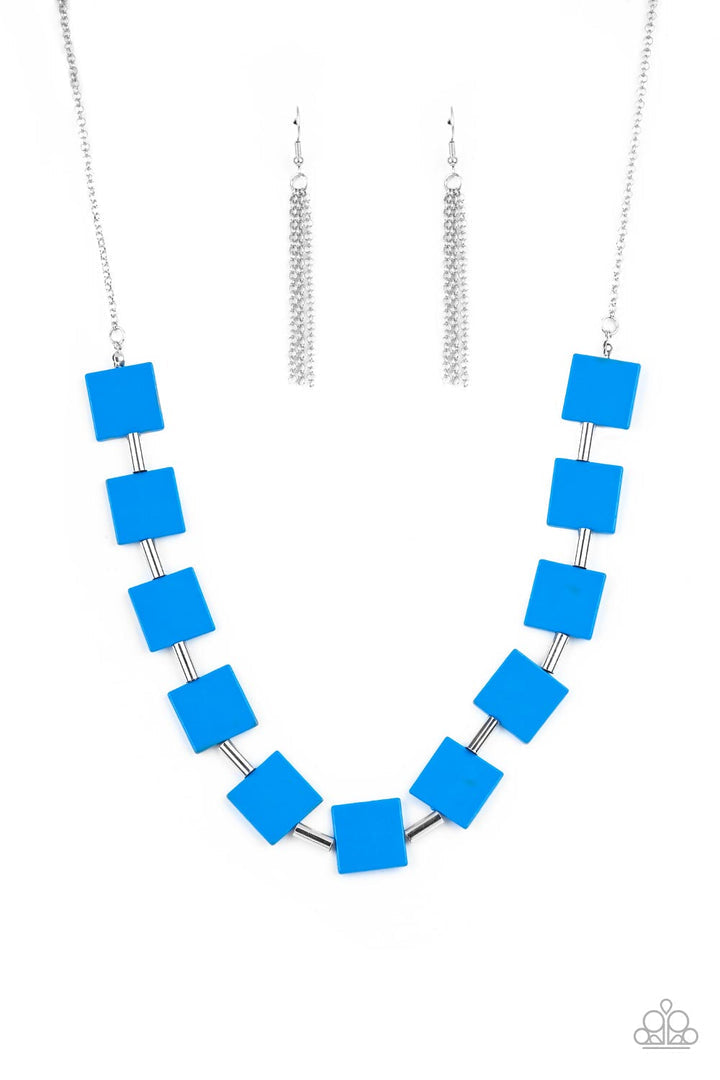 Hello, Material Girl - Blue Necklace - Paparazzi Accessories - Vibrant geometric squares painted in the spring Pantone® of French Blue along a long silver chain. Sleek silver cylinders separate the square plates, adding cool metallic accents to the piece. Features an adjustable clasp closure.