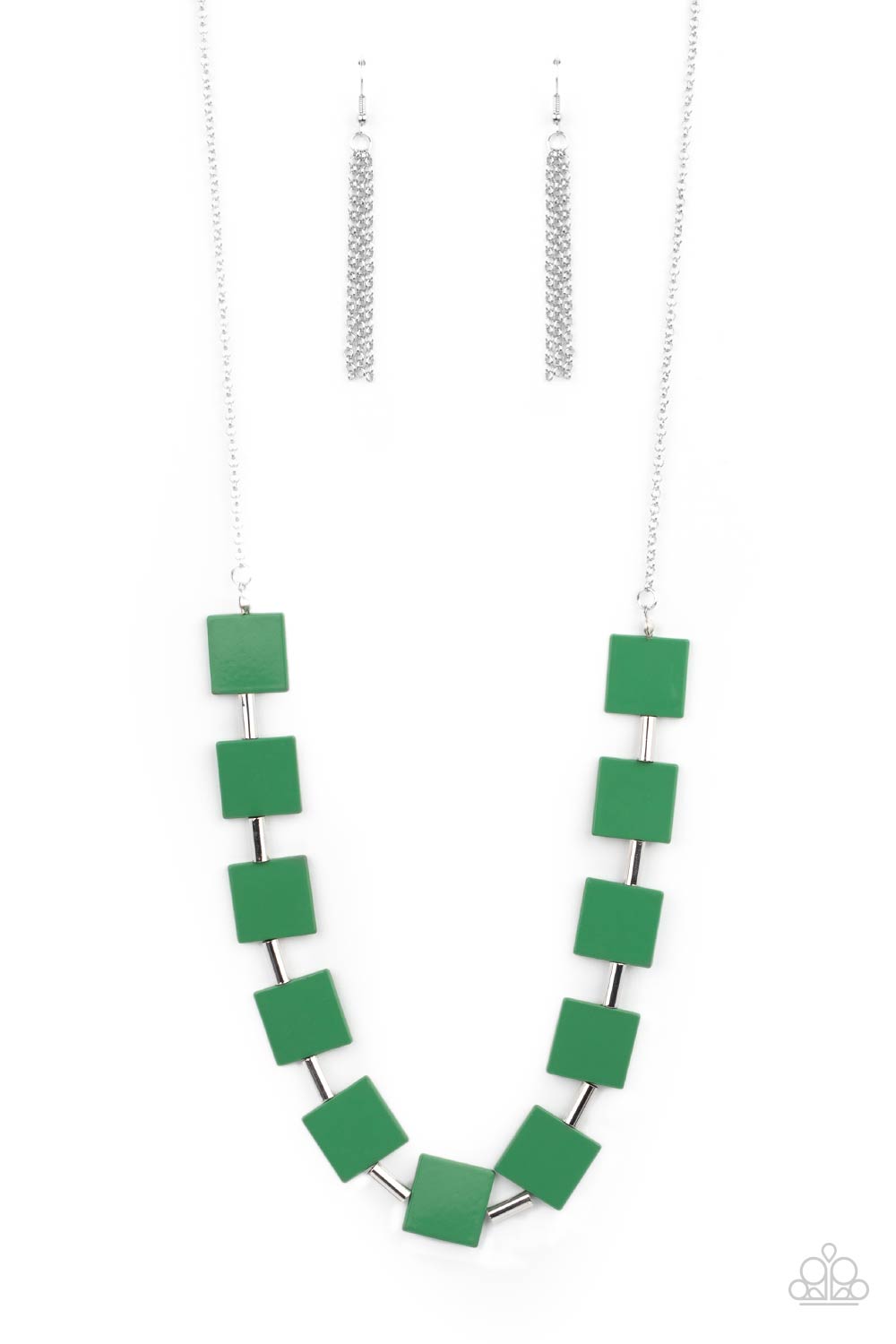 Hello, Material Girl - Green and Silver Necklace - Paparazzi Accessories - Vibrant geometric squares painted in the spring Pantone® of Mint flare out along a long silver chain as it drapes along the chest. Sleek silver cylinders separate the square plates, adding cool metallic accents to this stylish fashion necklace.