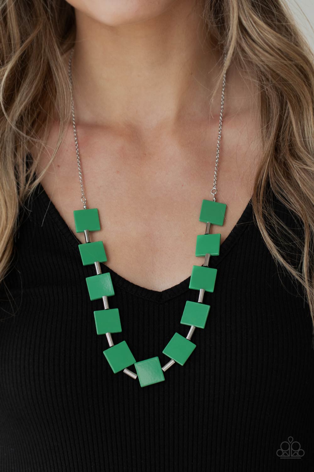 Hello, Material Girl - Green and Silver Necklace - Paparazzi Accessories - Vibrant geometric squares painted in the spring Pantone® of Mint flare out along a long silver chain as it drapes along the chest. Sleek silver cylinders separate the square plates, adding cool metallic accents to the stylish necklace.