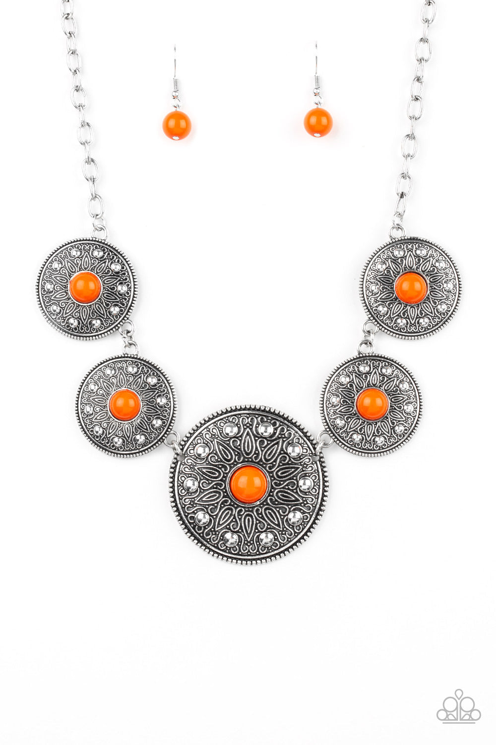 Hey, SOL Sister - Orange and Silver Necklace - Paparazzi Accessories - Round silver frames radiating with sunburst patterns link below the collar. Infused with shiny silver studs, the tribal inspired frames are dotted with robust orange beaded centers for a colorful necklace.