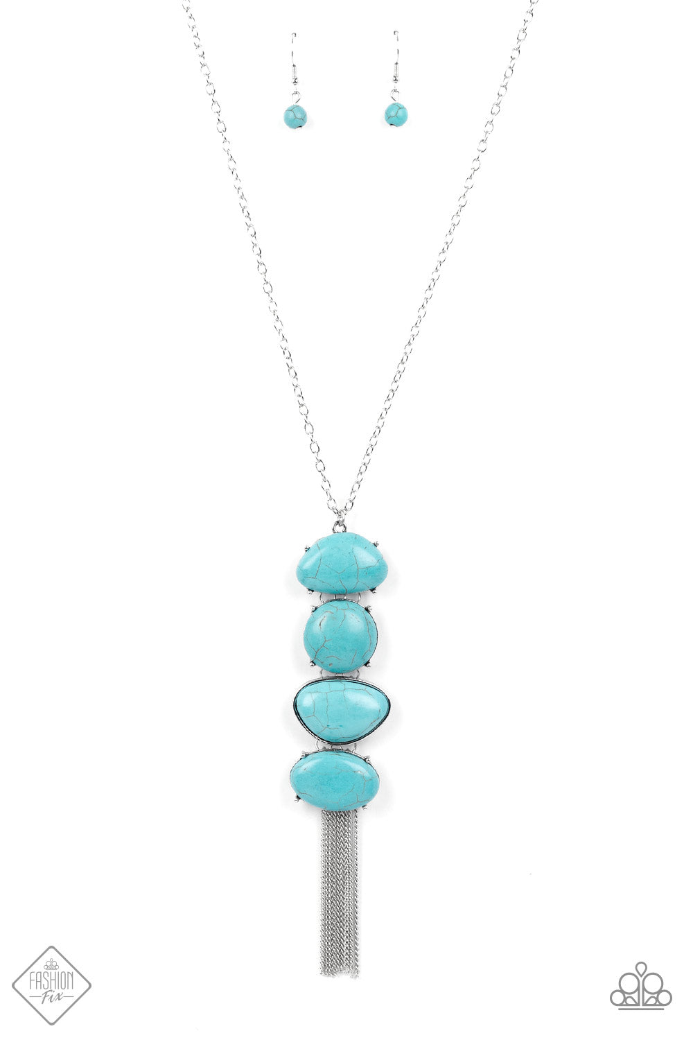 Hidden Lagoon - Blue Turquoise Stone - Silver Necklace - Paparazzi Accessories - Stacked turquoise stones create an oversized pendant that sways from the bottom of a lengthened silver chain. The irregular-shaped stones add artisanal character while a flirty fringe of dainty chains adds playful energy.