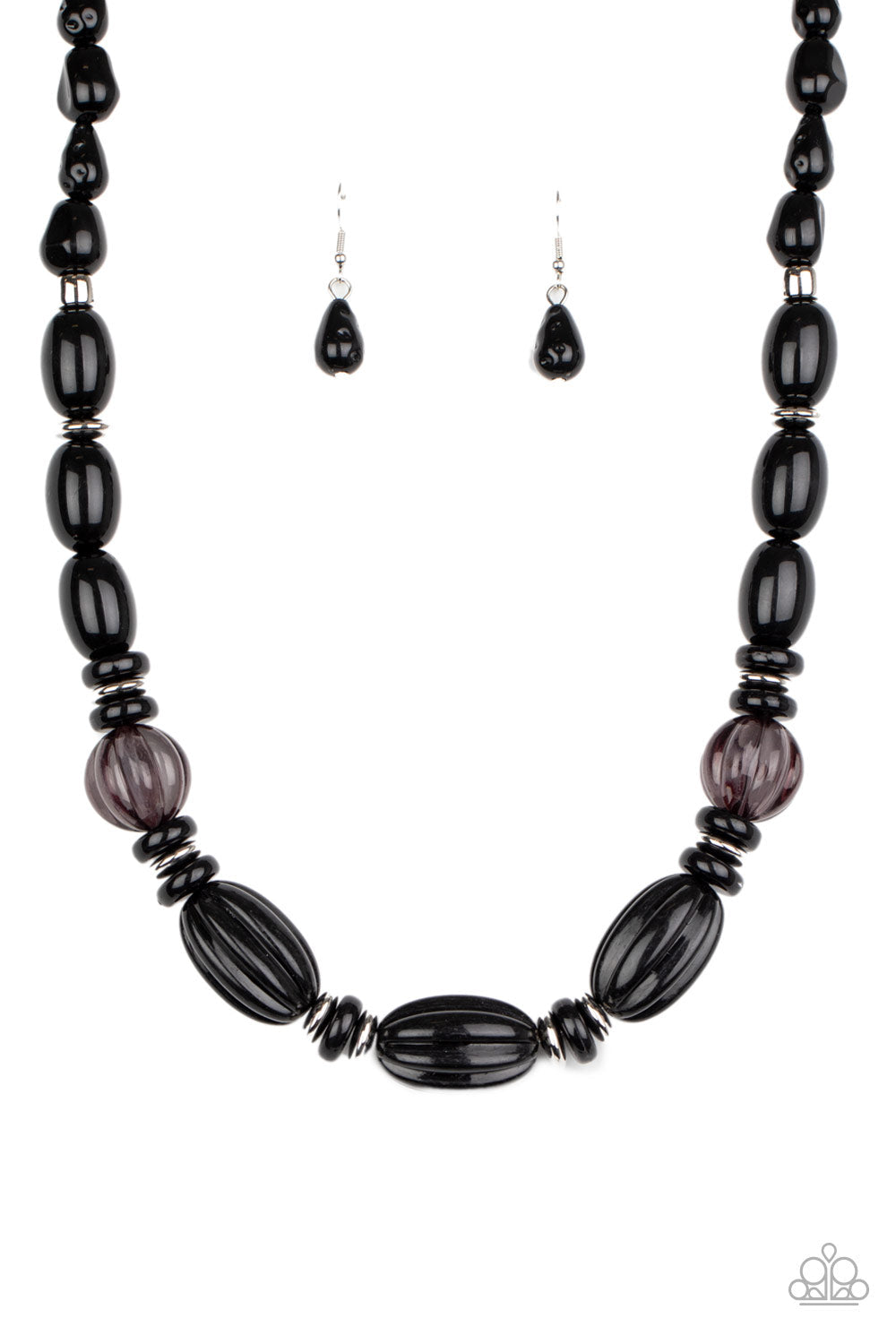 High Alert - Black Bead Necklace - Paparazzi Accessories - Bejeweled Accessories By Kristie - Varying in size and shape, a hearty collection of glassy, hammered, and polished black beads are threaded along an invisible wire below the collar. Dainty silver beads and discs are sprinkled along the colorful collaboration for a shimmery finish. Features an adjustable clasp closure. Sold as one individual necklace.