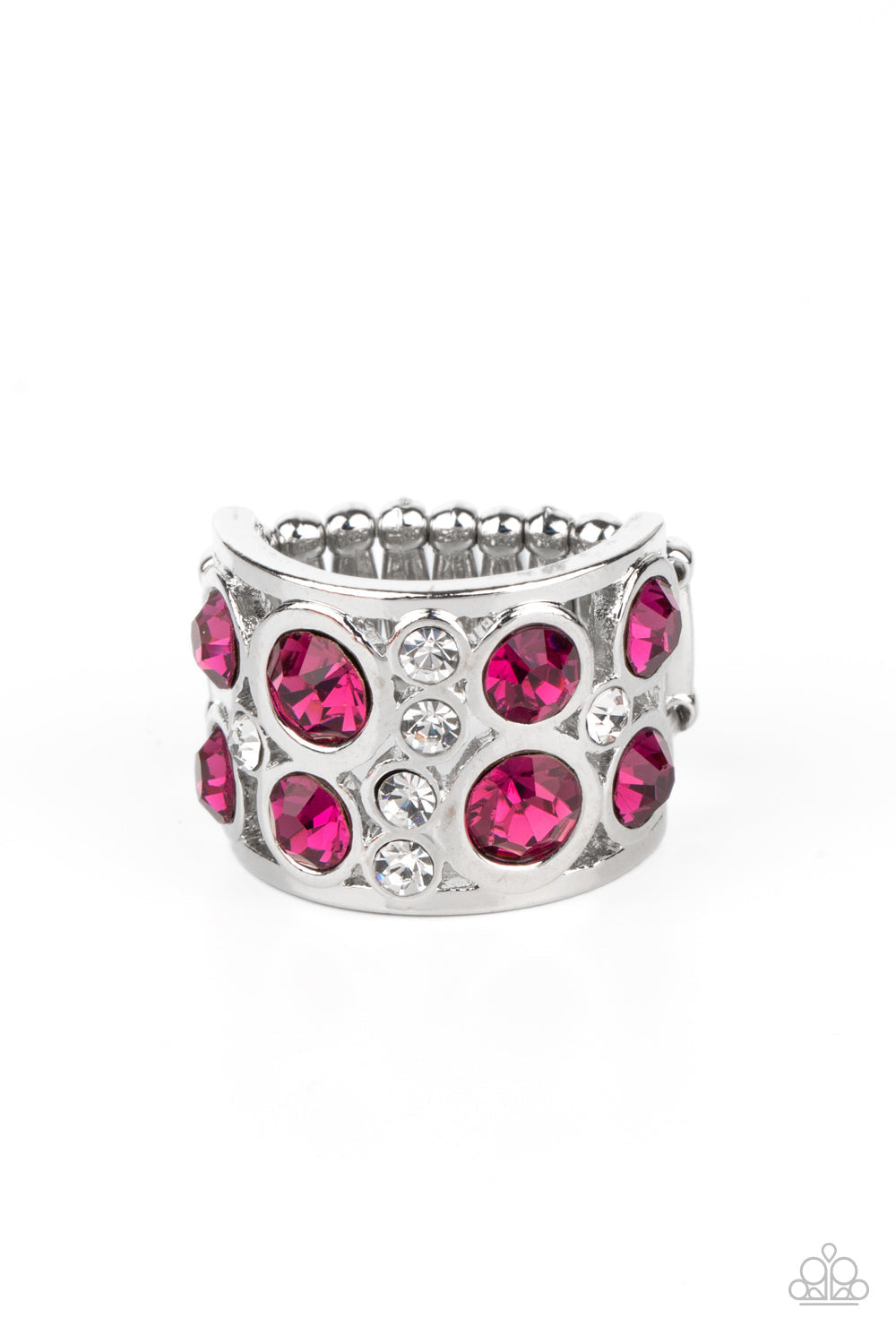 High Roller Royale - Pink and Silver Ring - Paparazzi Accessories - 
Sporadic sections of dainty white rhinestones and oversized pink rhinestones haphazardly coalesce inside an airy silver frame, creating a dramatically dazzling centerpiece around the finger. Features a stretchy band for a flexible fit. Sold as one individual ring.
