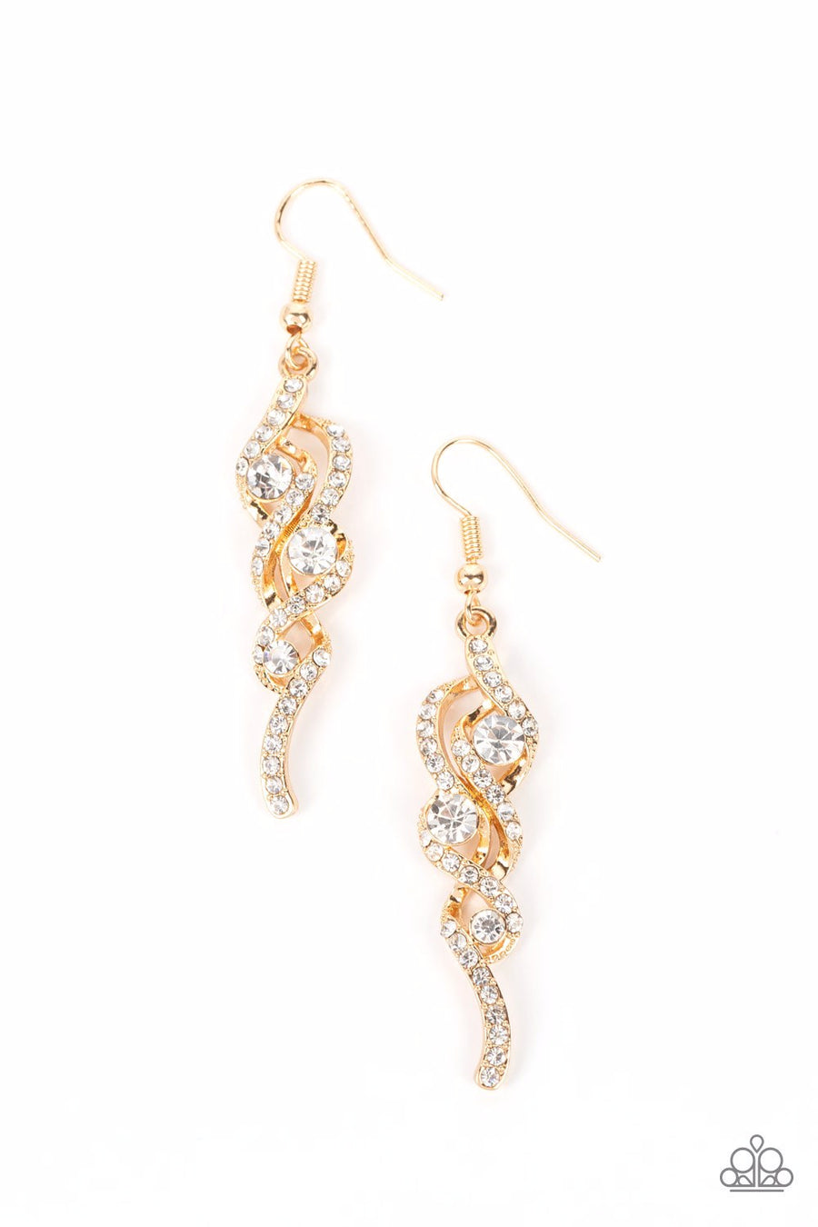 Highly Flammable - Gold Earrings - Paparazzi Accessories - Radiant rivulets of dainty white rhinestones twirl around solitaire white rhinestones, whirling into a gold flame for a fiery finish.
