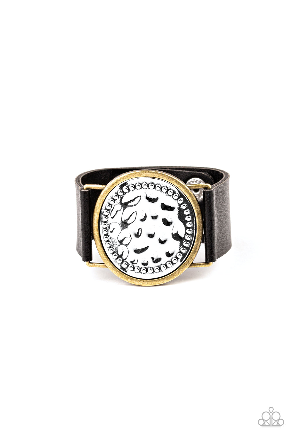 Hold On To Your Buckle - Black Leather Bracelet - Paparazzi Accessories - Bordered in brass, a hammered silver frame attaches to a thick black leather band for a rustic look. Features an adjustable snap closure. Sold as one individual bracelet.