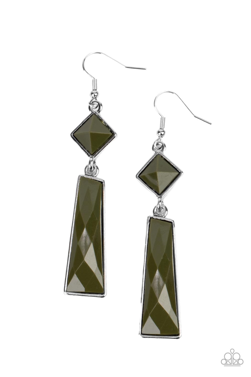 Hollywood Harmony - Green and Silver Fashion Earrings - Paparazzi Accessories - Encased in sleek silver fittings, a faceted trapezoidal Olive Branch bead swings from the bottom of a faceted square Olive Branch bead that is gently tilted for a trendy pop of color. Earring attaches to a standard fishhook fitting. Sold as one pair of earrings.