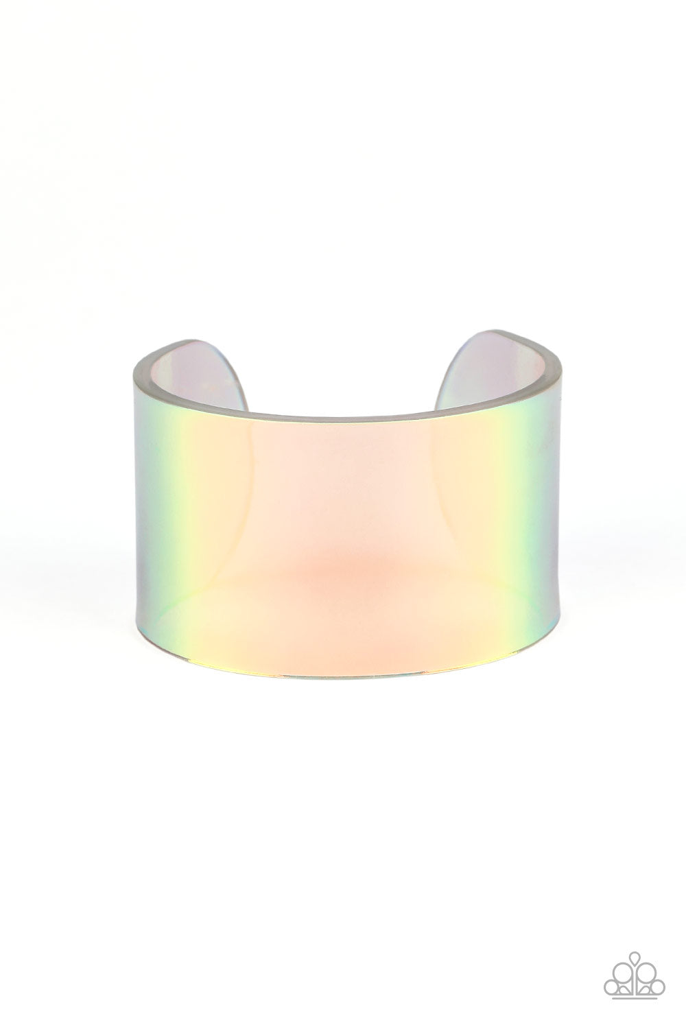 Holographic Aura - Multi Color Cuff Bracelet - Paparazzi Accessories - Featuring a holographic shimmer, a thick multicolored acrylic cuff wraps around the wrist for a retro inspired fashion.