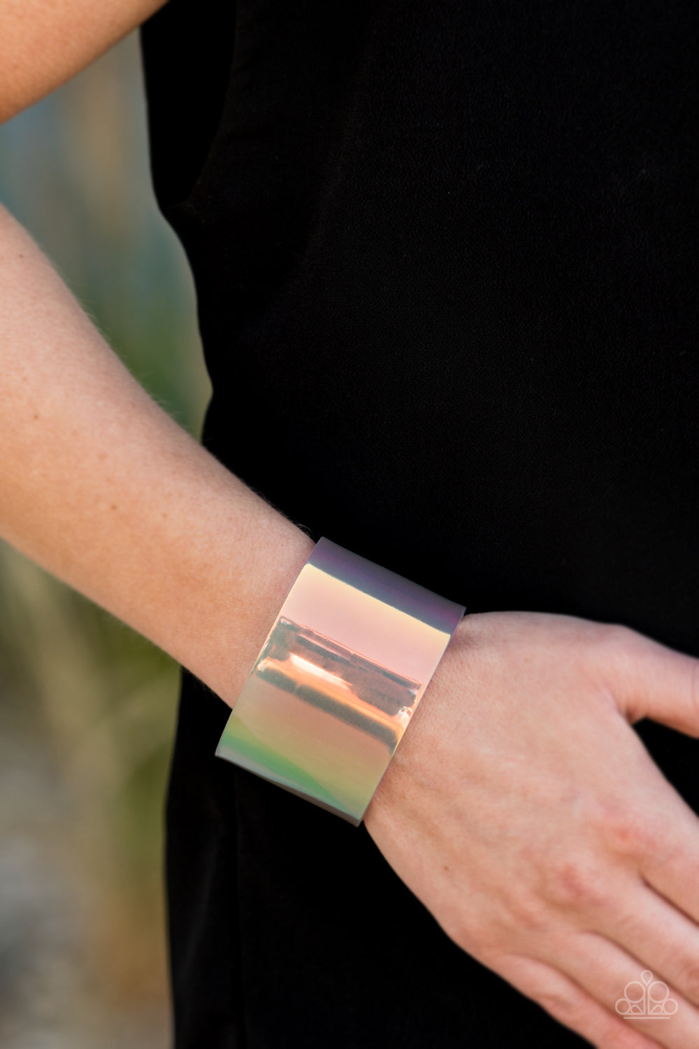 Holographic Aura - Multi Color Cuff Bracelet - Paparazzi Jewelry  - Bejeweled Accessories By Kristie - A holographic shimmer, a thick multicolored acrylic cuff wraps around the wrist for a retro inspired fashion.