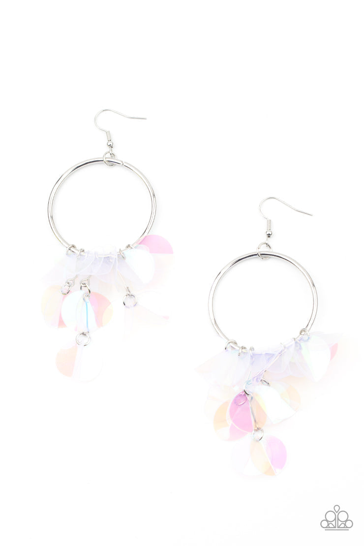 Holographic Hype - Colorful - Trendy Iridescent Earrings - Paparazzi Accessories - Delicately folded in half, tassels of creased iridescent sequins swing from the bottom of a shiny silver hoop, creating an effervescent fringe. Earring attaches to a standard fishhook fitting. Sold as one pair of earrings. Bejeweled Accessories By Kristie