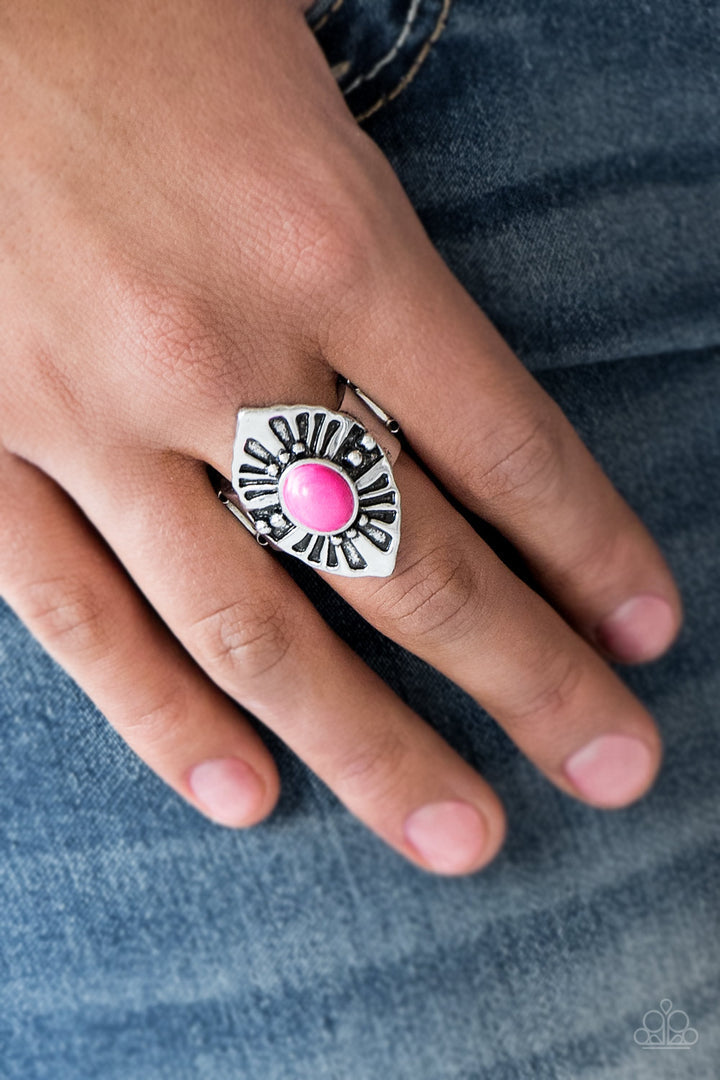 HOMESTEAD For The Weekend - Pink Stone and Silver Fashion Ring - Paparazzi Accessories - A vivacious pink stone bead is pressed into the center of an angular silver frame radiating with studded and antiqued textures. Features a stretchy band for a flexible fit. Sold as one individual ring.