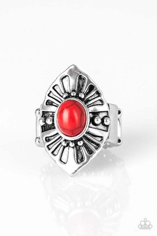 HOMESTEAD For The Weekend - Red Crackle Stone - Silver Fashion Ring - Paparazzi Accessories - A fiery red stone bead is pressed into the center of an angular silver frame radiating with studded and antiqued textures. Features a stretchy band for a flexible fit. Sold as one individual ring.