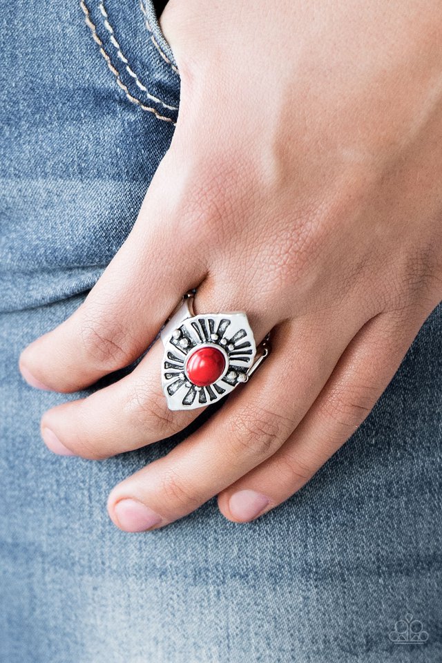 HOMESTEAD For The Weekend - Red Crackle Stone - Silver Ring - Paparazzi Accessories - A fiery red stone bead is pressed into the center of an angular silver frame radiating with studded and antiqued textures. Features a stretchy band for a flexible fit. Sold as one individual ring.