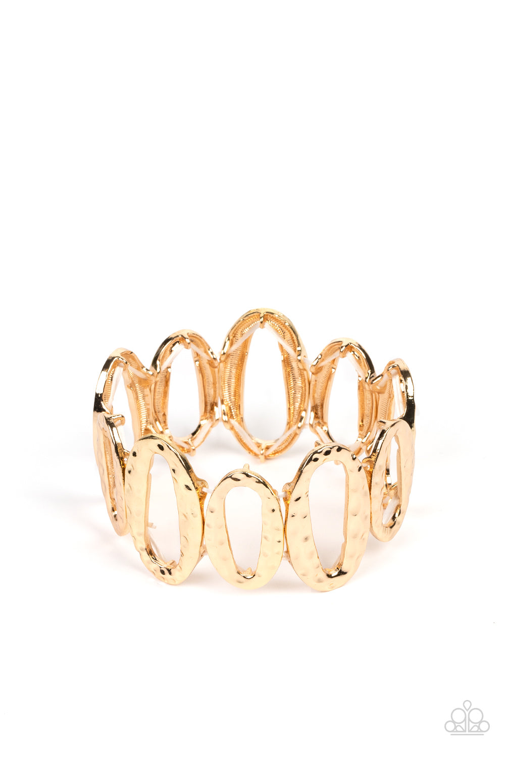 Homestead Heirloom - Gold Bracelet - Paparazzi Accessories - Hammered large and medium sized gold oval frames alternate along stretchy bands around the wrist for a handcrafted vibe bracelet.