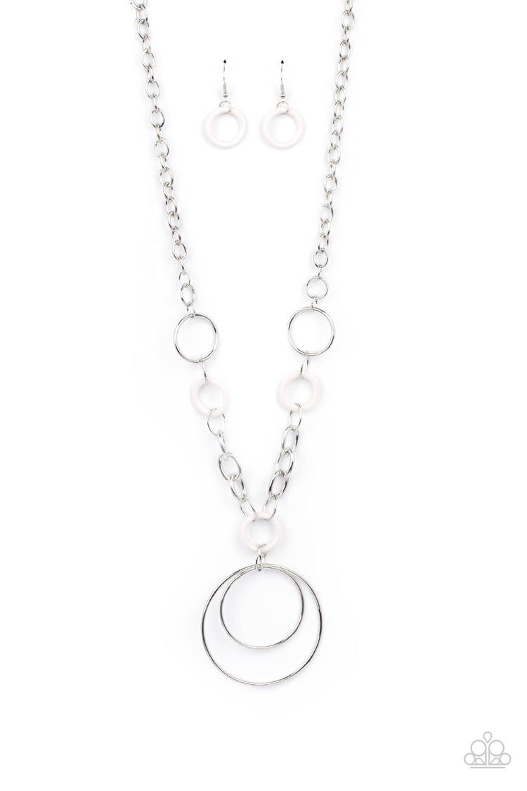 HOOP du Jour - White and Silver Necklace - Paparazzi Accessories - Two generously sized hoops dangle from an oversized chain accented with small white acrylic hoops to create a playful pendant. Features an adjustable clasp closure.