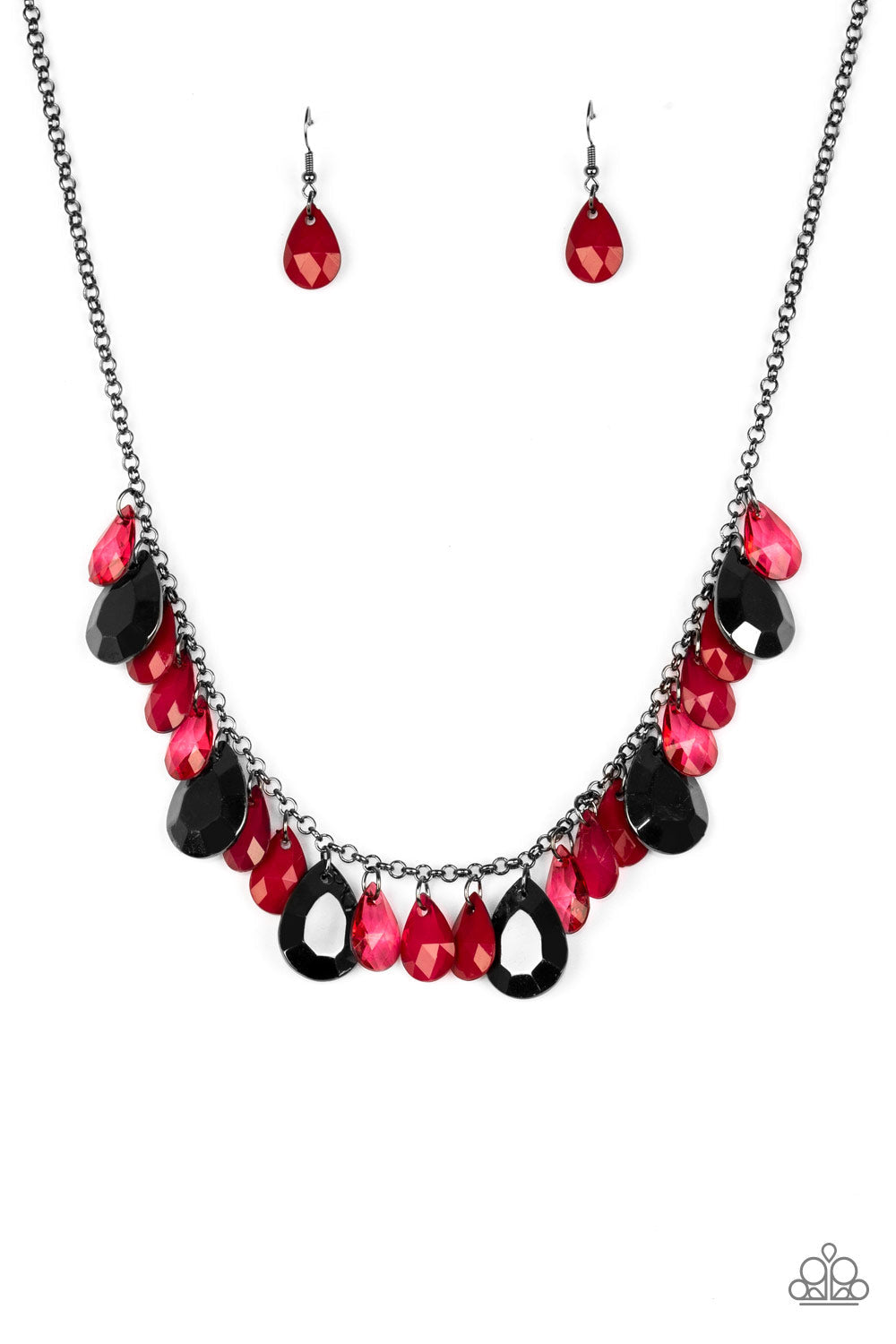 Hurricane Season - Red and Gunmetal Necklace - Paparazzi Accessories - Tinted in the robust shade of Wine, glassy and polished red teardrops drip from the bottom of a shimmery gunmetal chain. Faceted gunmetal teardrops trickle between the colorful beading, adding a flashy finish to the flirtatious fringe. Features an adjustable clasp closure.