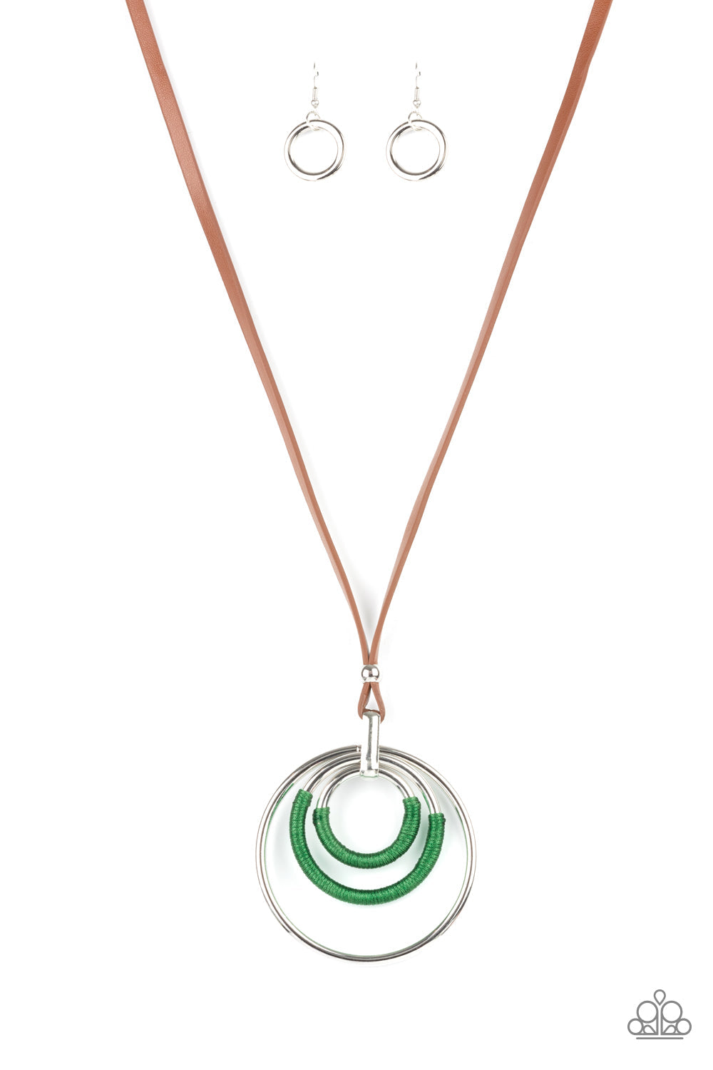 Hypnotic Happenings - Green - Silver - Brown Leather Necklace - Paparazzi Accessories - 
An impressive set of thick silver hoops is held together in concentric fashion by a strong silver fitting. Boldly wrapped bright green thread accents two hoops as the hefty pendant suspends from a lengthened brown leather cord in a hypnotic display. Features an adjustable clasp closure.
