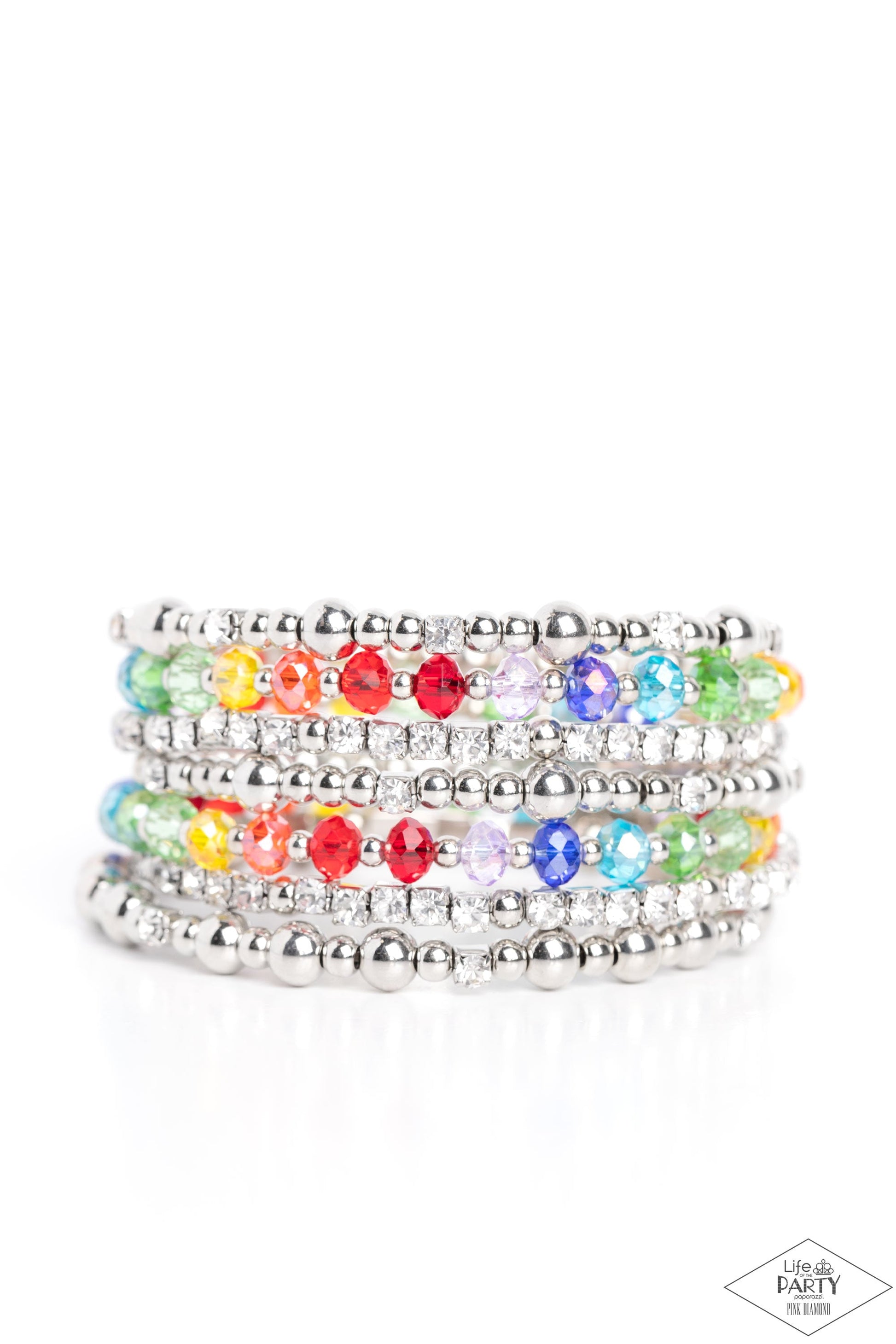 ICE Knowing You - Multi Color Coil Bracelet - Paparazzi Accessories -An icy collection of silver beads, cubes, opaque crystals in vibrant shades, and glassy white rhinestones are threaded along a coiled wire, creating a blinding infinity wrap style bracelet around the wrist. Sold as one individual bracelet. 
