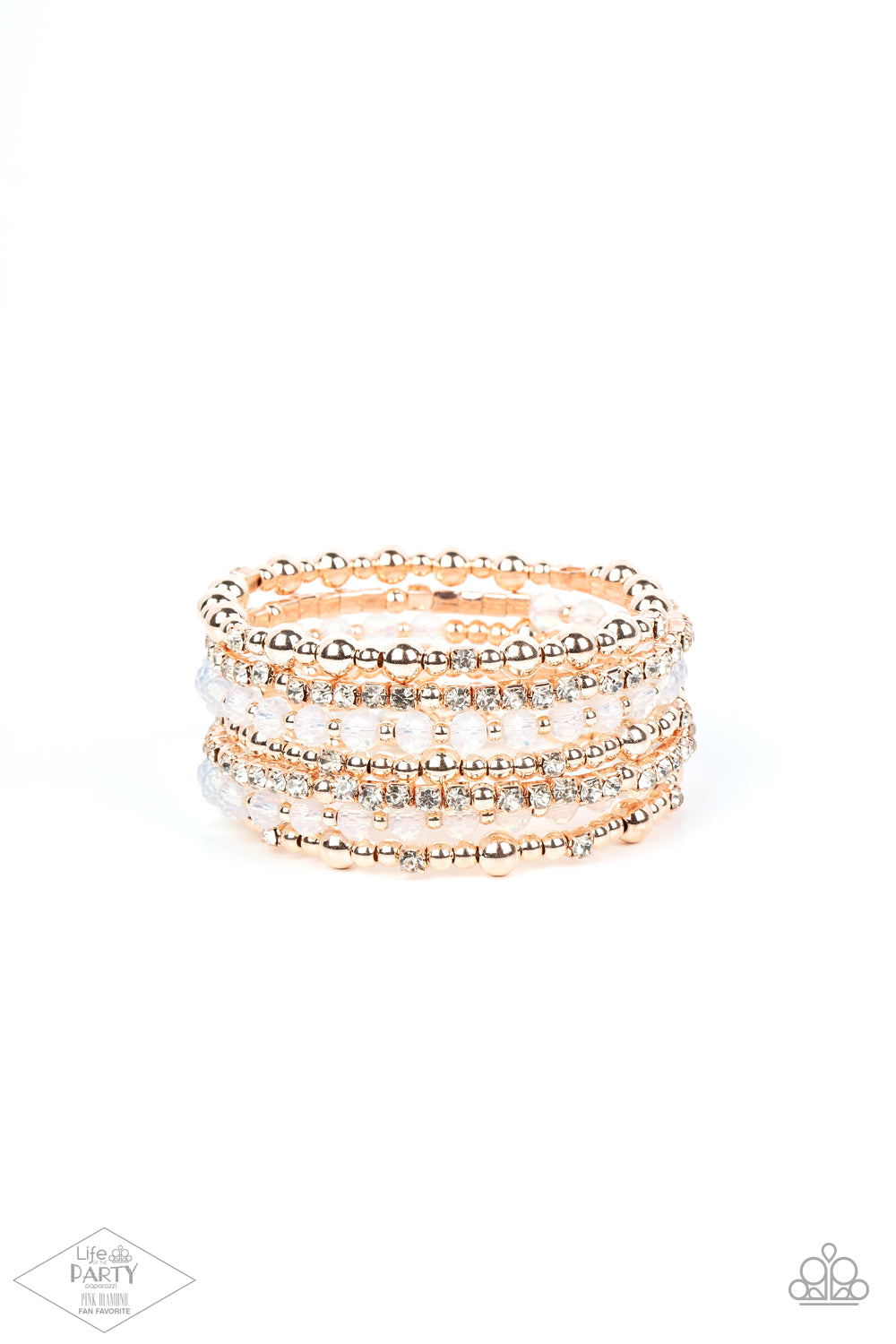 ICE Knowing You - Rose Gold Coil Fashion Bracelet - Paparazzi Accessories - An icy collection of rose gold beads, rose gold cubes, opaque crystals, and glassy white rhinestones are threaded along a coiled wire, creating a blinding infinity wrap style bracelet around the wrist.