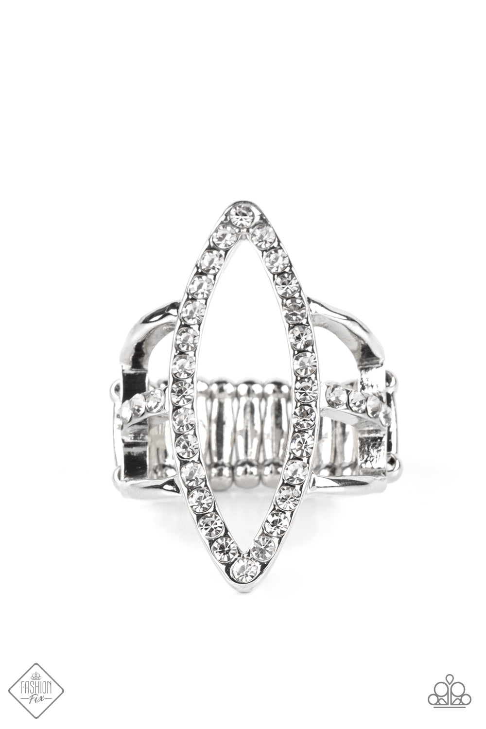 Icy Intuition - White and Silver Fashion Ring - Paparazzi Accessories - An exaggerated marquise-shaped frame dotted with rhinestones connects to three bands of silver that wrap around the finger. The center band is lined with more rhinestones, adding noteworthy sparkle to the airy design. Features a stretchy band for a flexible fit.