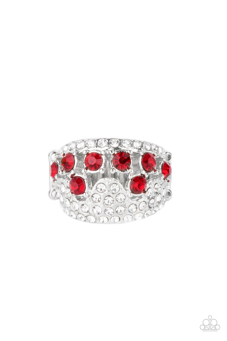 Imperial Incandescence - Red and Silver Ring - Paparazzi Accessories - Encased in sleek silver fittings, a cluster of glittery red rhinestones coalesce inside an airy silver band encrusted in haphazard sections of glassy white rhinestones for a modern fashion stylish ring. Features a stretchy band for a flexible fit.