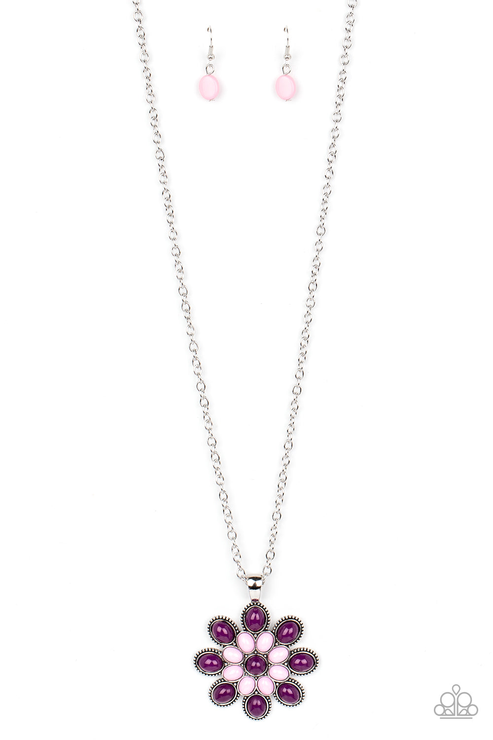 In the MEADOW of Nowhere - Purple and Pink Necklace - Paparazzi Accessories - A bubbly collection of plum and Pale Rosette beads blooms into a colorful flower pendant at the bottom of an extended silver chain, resulting in a refreshing floral fashion. Features an adjustable clasp closure.  Sold as one individual necklace.