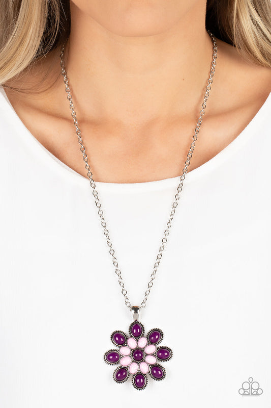 In the MEADOW of Nowhere - Purple and Pink Necklace - Paparazzi Accessories - A bubbly collection of plum and Pale Rosette beads blooms into a colorful flower pendant at the bottom of an extended silver chain, resulting in a refreshing floral fashion. Features an adjustable clasp closure. Sold as one individual necklace.
