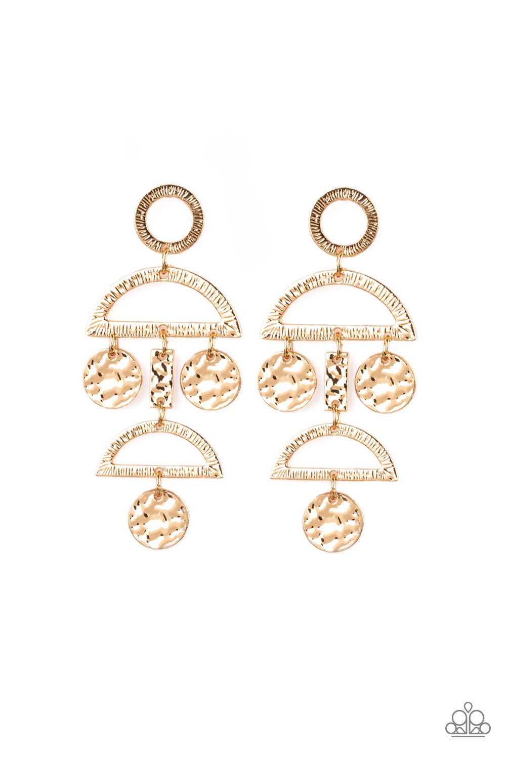 Incan Eclipse - Gold Fashion Earrings - Paparazzi Accessories - Delicately hammered and etched in shimmery textures, a collection of gold discs and gold frames connect into a tribal inspired lure. Earring attaches to a standard post earring.