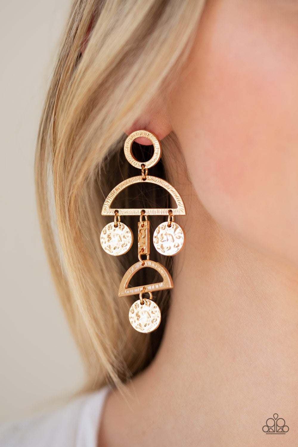 Incan Eclipse - Gold Fashion Earrings - Paparazzi Accessories - Delicately hammered and etched in shimmery textures, a collection of gold discs and gold frames connect into a tribal inspired lure. Earring attaches to a standard post earring. 