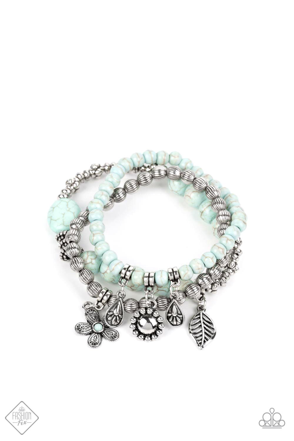 Individual Inflorescence - Blue and Silver Floral Charm Bracelet - Paparazzi Accessories - A trio of floral-inspired bracelets, featuring comfortable stretchy bands and smooth light blue stones, stack along the wrist to create a bold statement piece. Sold as one set of three bracelets.