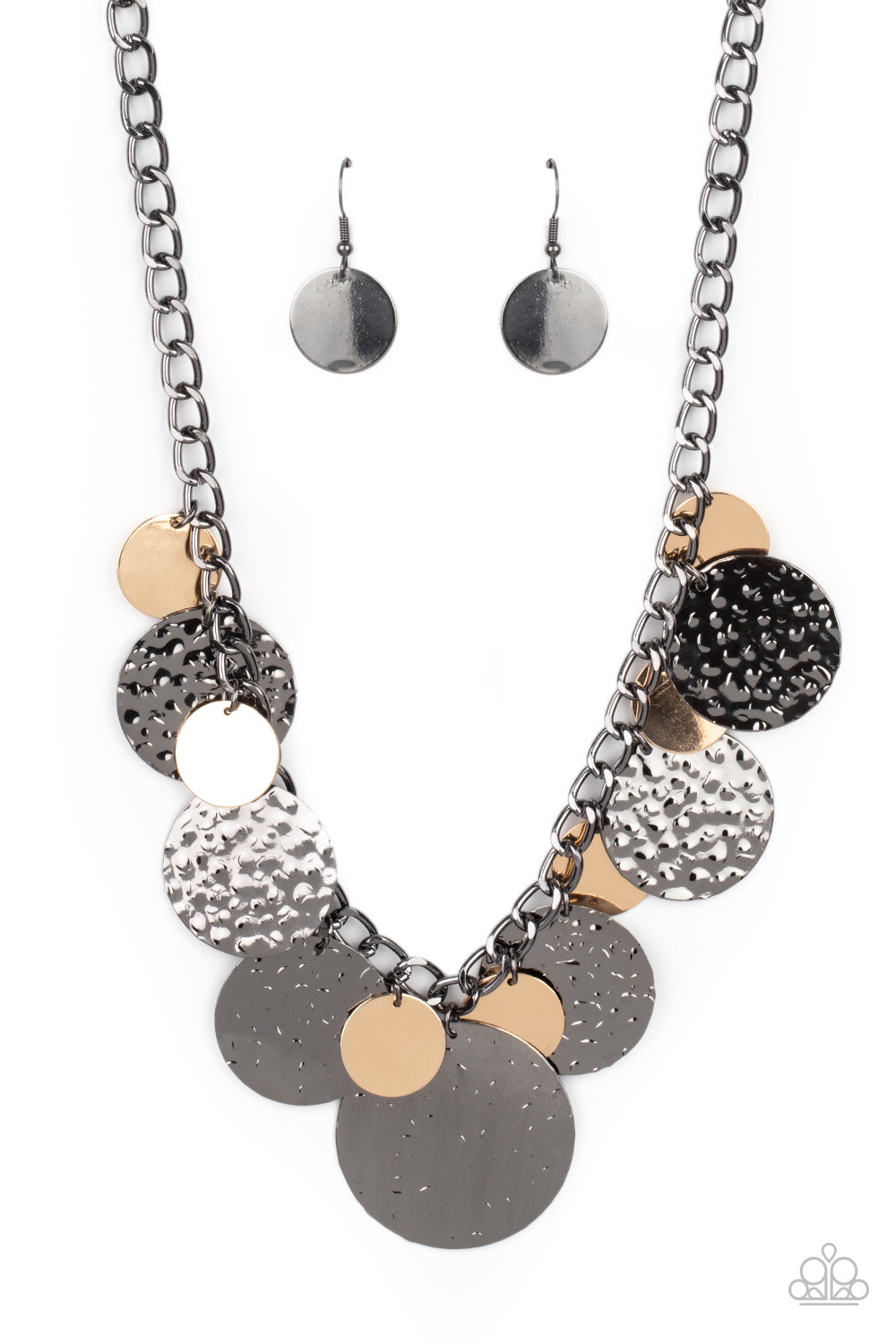 ​​Industrial Grade Glamour - Black Metal - Gold Necklace - Paparazzi Accessories - 
Oversized gold discs and hammered gunmetal discs swing from the bottom of a chunky gunmetal chain, creating a rambunctious fringe below the collar. Features an adjustable clasp closure.
