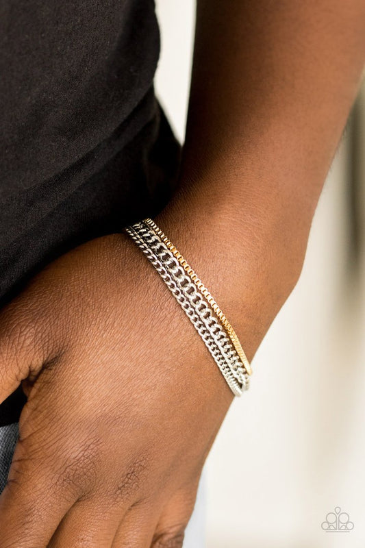 Industrial Icon - Silver and Gold Chain Bracelet - Paparazzi Accessories - Dainty gold box chain and mismatched silver chains layer across the wrist, creating a collision of industrial textures. Features an adjustable clasp closure. Sold as one individual bracelet.