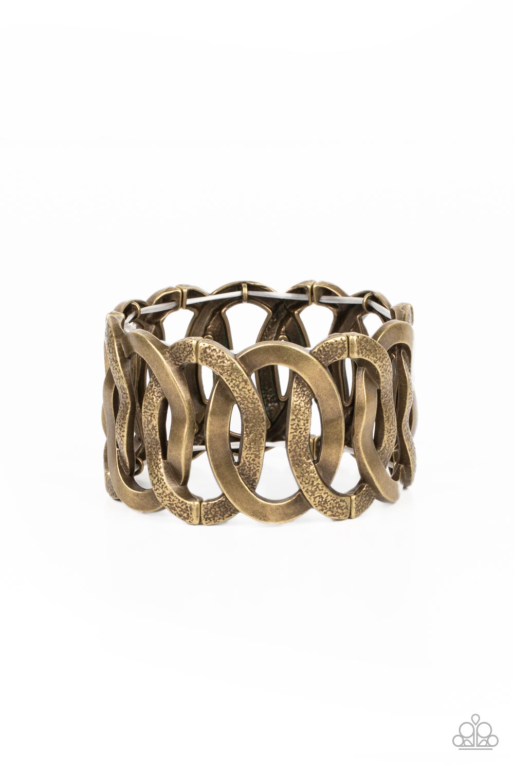 Industrial Indulgence - Brass Stretchy Bracelet - Paparazzi Accessories - Large brass hoops brushed in gritty texture alternate with smooth brass hoops featuring a high sheen finish. The oversized links overlap as they alternate around the wrist on stretchy bands, culminating in an industrial statement piece. Sold as one individual bracelet.