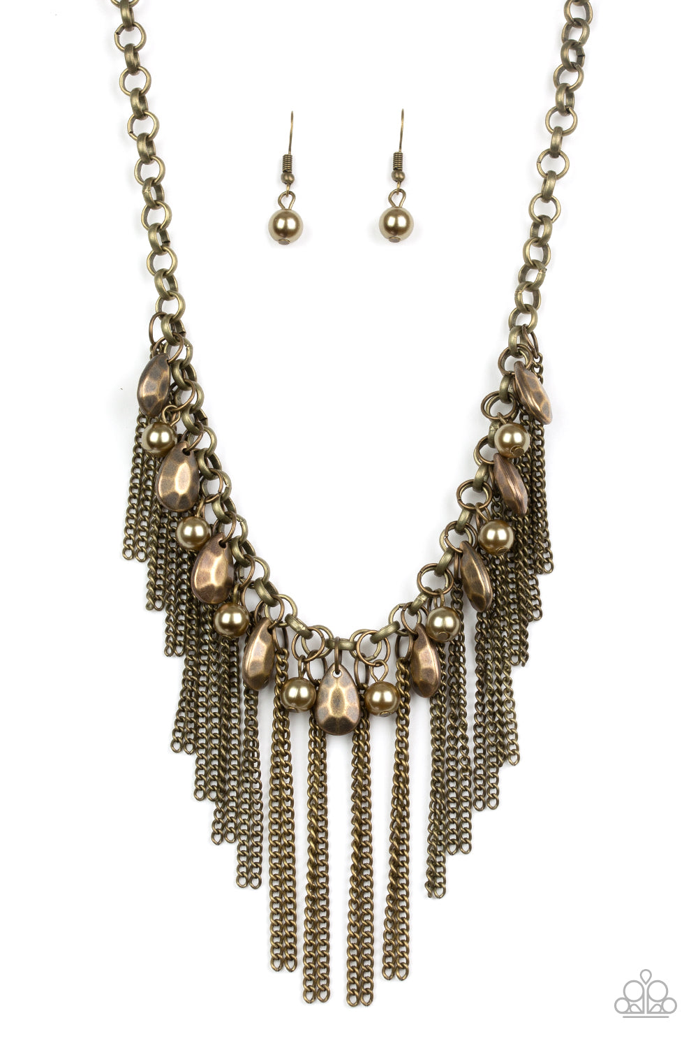 ndustrial Intensity Brass Necklace - Paparazzi Accessories - A collection of faceted brass teardrops and pearly brass beads drip from the bottom of an antiqued brass chain. Pairs of brass chains stream from the bottom of the chain, creating an intensely tapered fringe below the collar. Features an adjustable clasp closure. Sold as one individual necklace.