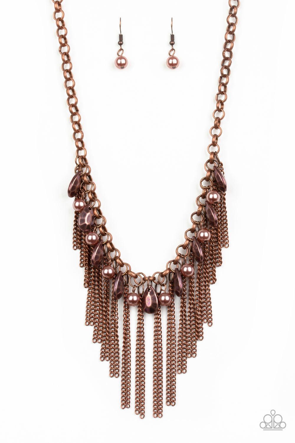 Industrial Intensity Copper Necklace - Paparazzi Accessories - Bejeweled Accessories By  Kristie - A collection of faceted copper teardrops and pearly copper beads drip from the bottom of an antiqued copper chain. Pairs of copper chains stream from the of the chain, creating a intensely tapered fringe below the collar. Features an adjustable clasp closure. Sold as one individual necklace.
