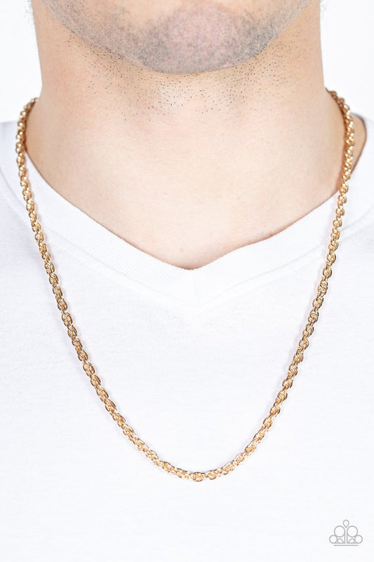 Industrial Interval - Men's Gold Necklace - Paparazzi Accessories - A linked gold chain drapes below the collar for an edgy urban look. Features an adjustable clasp closure. Sold as an individual necklace.