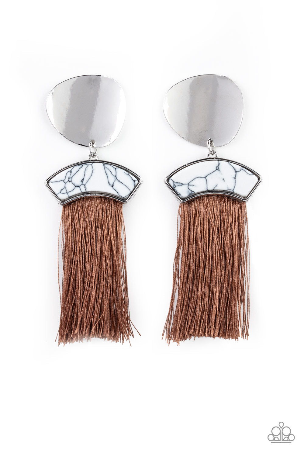 Insta Inca - Brown and Silver Earrings - Paparazzi Accessories - A plume of shiny brown thread streams from the bottom of a white stone frame that links with an asymmetrical silver disc, creating flirtatious tassel.