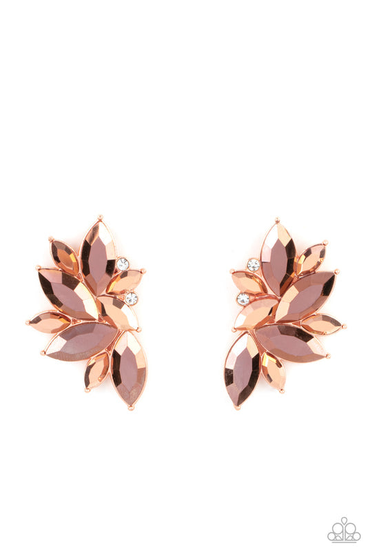 Instant Iridescence- Copper Earrings - Paparazzi Accessories - Infused with dainty white rhinestones, a stellar display of coppery aurum marquise cut rhinestones fan out into a spectacular centerpiece. Earring attaches to a standard post fitting. Sold as one pair of post earrings.