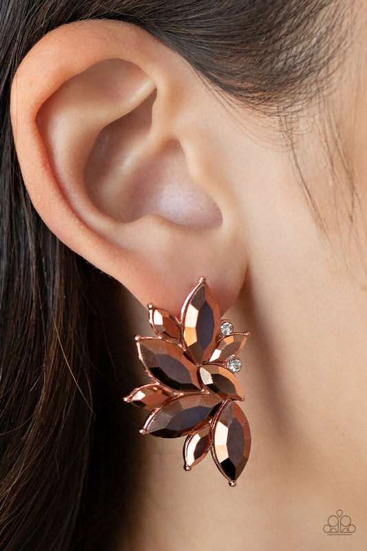 Instant Iridescence- Copper Fashion Earrings - Paparazzi Accessories - Infused with dainty white rhinestones, a stellar display of coppery aurum marquise cut rhinestones fan out into a spectacular centerpiece. Earring attaches to a standard post fitting. Sold as one pair of post earrings.