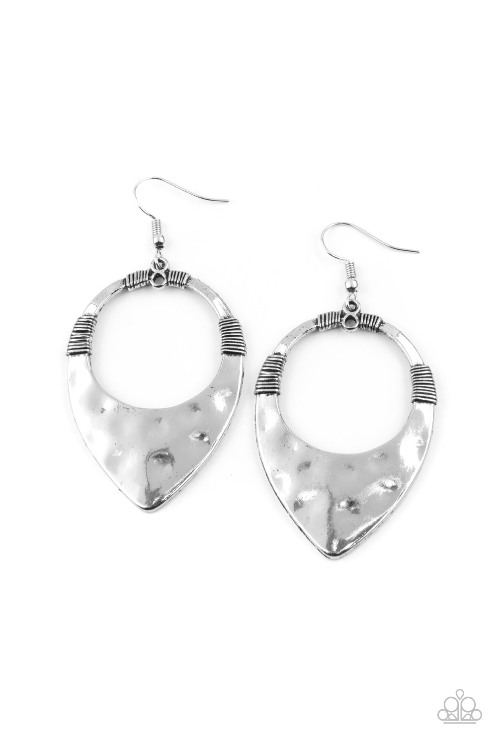 Instinctively Industrial - Silver Teardrop Fashion Earrings - Paparazzi Accessories - Hammered silver teardrop-like frame swings from the ear for an artisan inspired look. Earring attaches to a standard fishhook fitting.