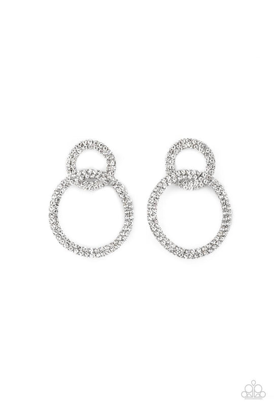 Intensely Icy - White and Black Rhinestone Earrings - Paparazzi Jewelry - Bejeweled Accessories By Kristie - Rows of sparkly white rhinestones encircle into two interconnected hoops, creating a jaw-dropping lure. Earring attaches to a standard post fitting.