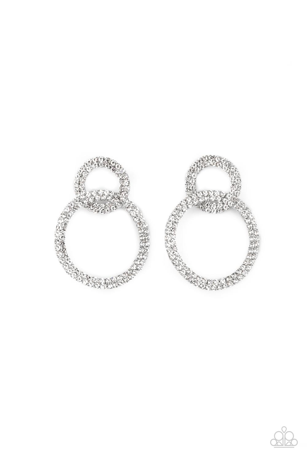 Intensely Icy - White Sparkly Earrings - Paparazzi Accessories - Rows of sparkly white rhinestones encircle into two interconnected hoops, creating a jaw-dropping bling earrings.  Bejeweled Accessories By Kristie - Trendy fashion jewelry for everyone -